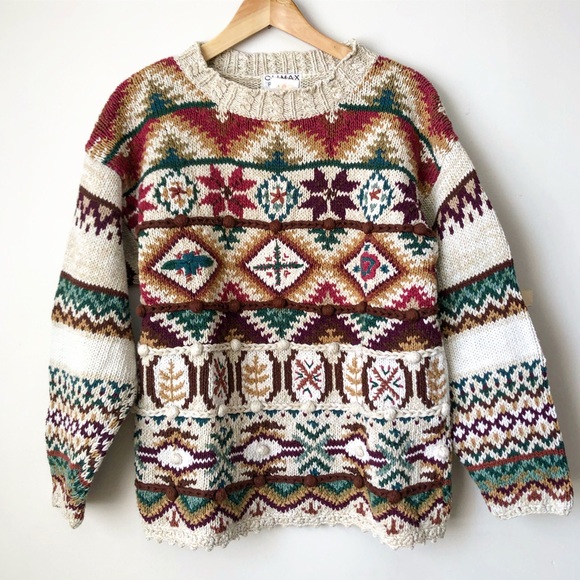 Vintage Sweaters - Vintage | Geometric Cable Knit Oversized  Sweater